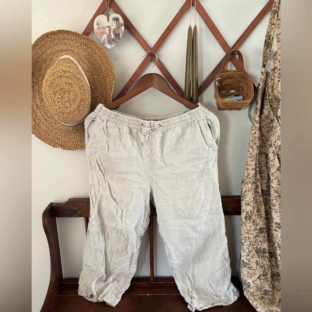 Cream Linen Drawstring Cropped Pants